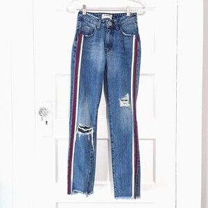One X One Teaspoon Jeans Women 23 Blue Tuxedo Stripes Distressed Straight Grunge